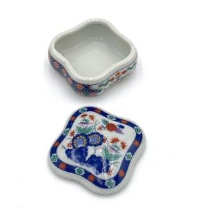 Vintage Porcelain Trinket Box Asian Floral Flowers Small Square Japan Multicolor